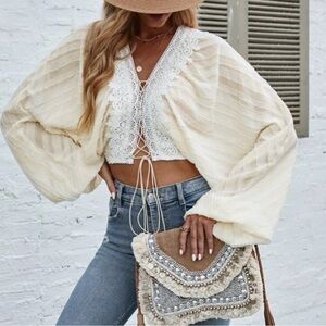 SHEIN Lantern Sleeve Lace-up Crop Top - EUC